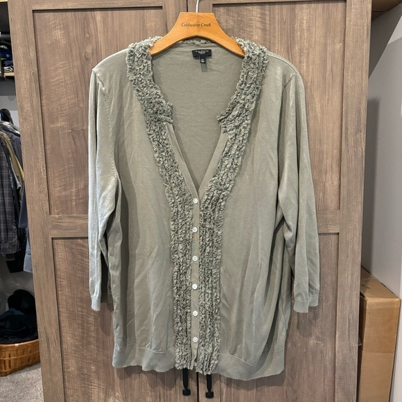 Talbots 2X Cardigan Sweater Silk Blend Ruffled Trim Sage Green V Neck Button - Picture 1 of 10
